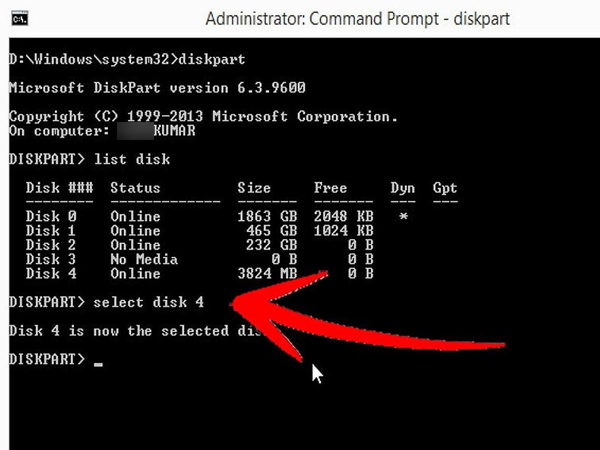 Comand Prompt Select Disk