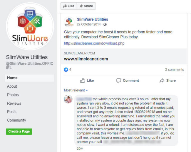 Slimcleaner Plus Complaint Facebook Page