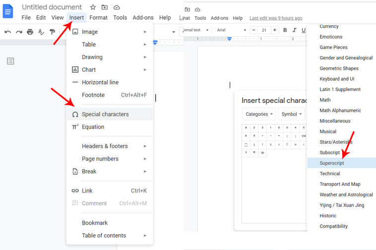 Special Characters Tool and Superscript in Google Docs