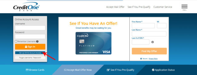 Set up Online Access Account with CreditOne Bank